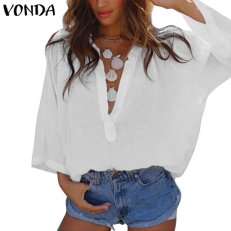 

White Blouses Women Summer 2019 VONDA Sexy V Neck Long Sleeve Casual Shirts Femme Loose Tops Beach Party Blusas Elegant Top