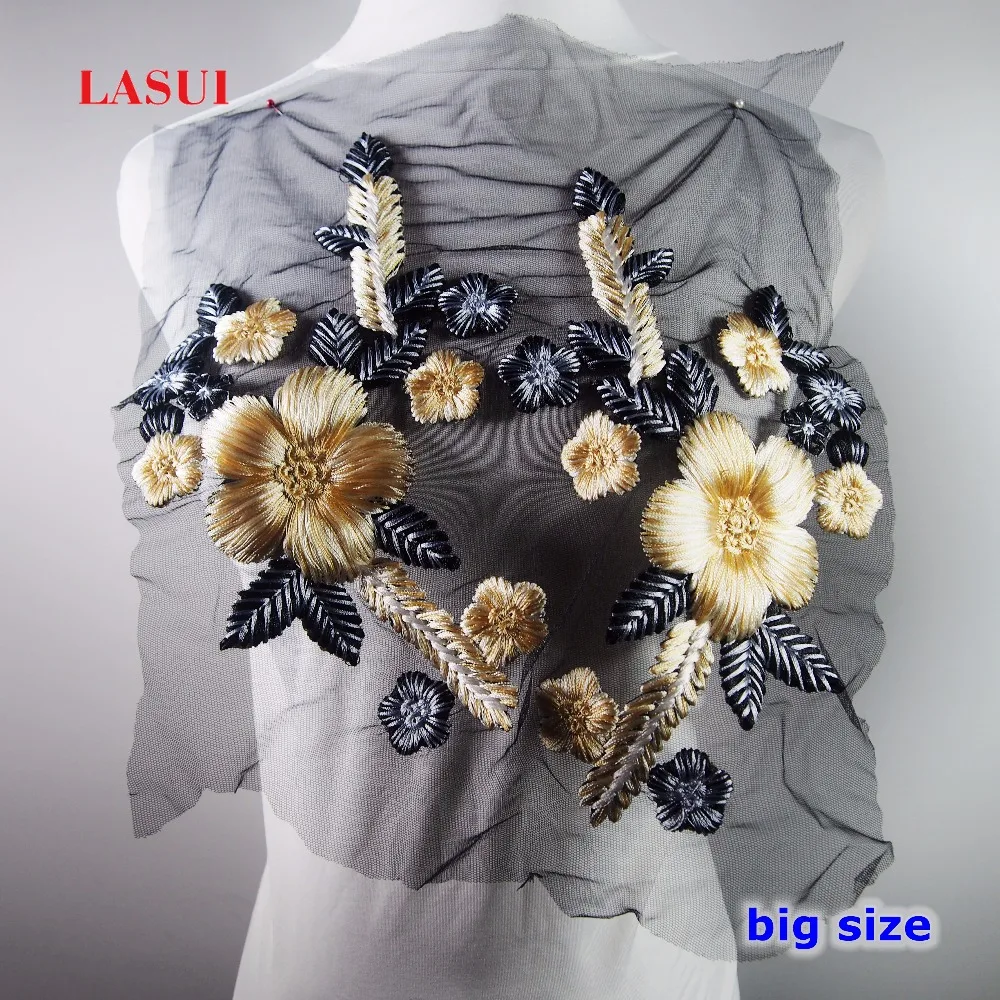 

LASUI 2 pieces=1pair= 29cm*29cm3D cotton sewing thread embroidery Lace applique Large size black mesh Clothes decoration 0217