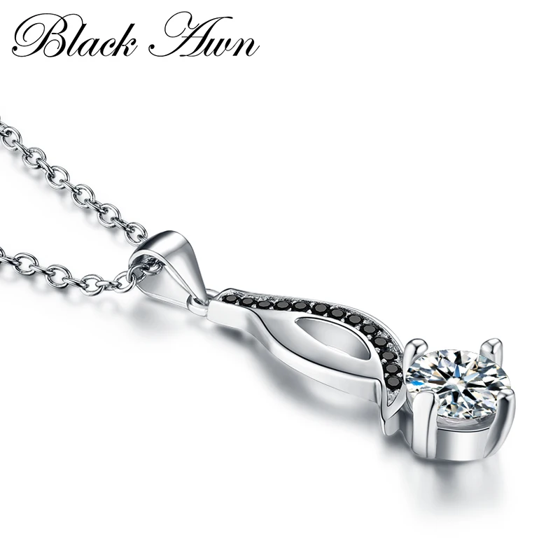 [BLACK AWN] Настоящее серебро 925 пробы, ювелирное ожерелье с подвеской, Трендовое черное ожерелье из шпинели для женщин P073