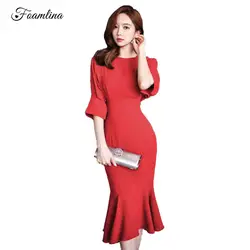 Foamlina сексуальное красное вечернее платье vestidos Винтажное с круглым вырезом с рукавами «летучая мышь» с оборками тонкое женское облегающее