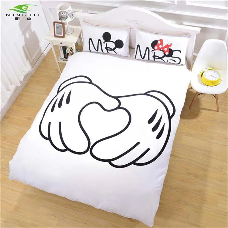 Mickey Mouse handshake Bedding Set Heart Plain Printed Christmas Gift Soft Home Textiles Bedroom Twin Full Queen size | Дом и сад