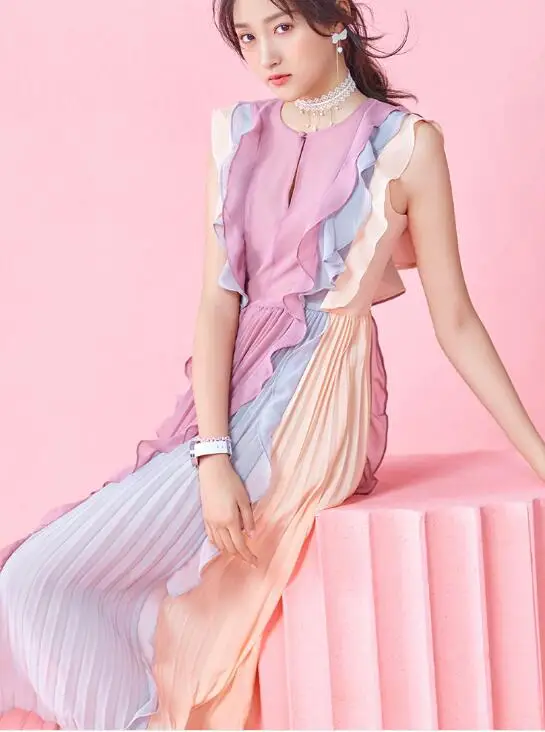 

Free Shipping High Quality 2019 Summer New Arrival Fashion Round Collar Color Block Pleated Ruffles Woman Chiffon Long Dress