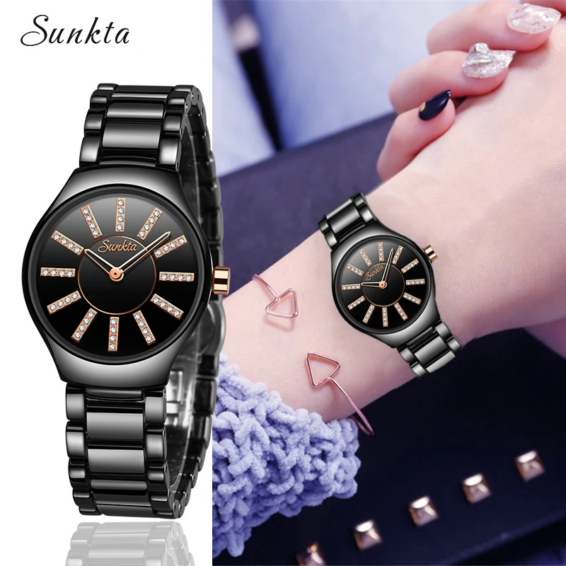 

SUNKTA Fashion Crystal Ceramics Women Watches Ladies Top Brand Luxury Quartz watch Women Waterproof Casual Clock Zegarek Damski