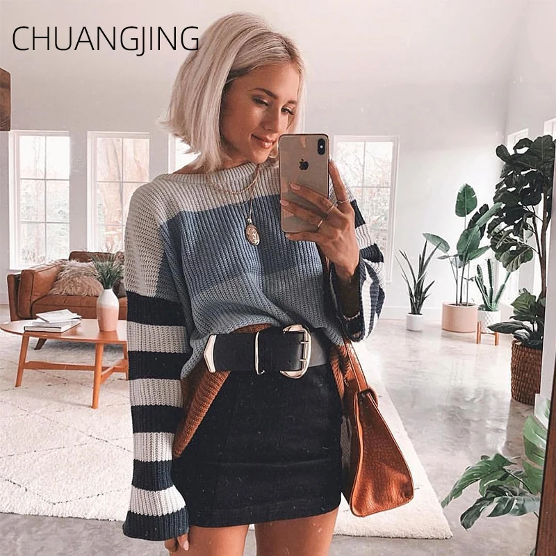 Fashion Autumn Winter Knitted Sweater Women New O-neck Striped Long Sleeve Plus Size Pullover Sweater Ladies Casual Sweater