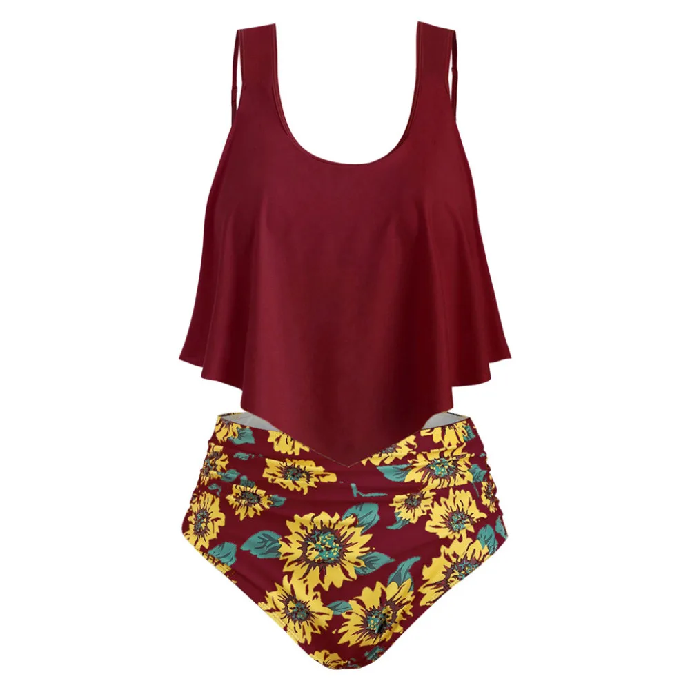 

Monokini Mayo Swimwear Women Plus 3XL Size Ruffled High Waist Sunflower Print Badpak Neon Bikini maillot de bain femme 2019 #5