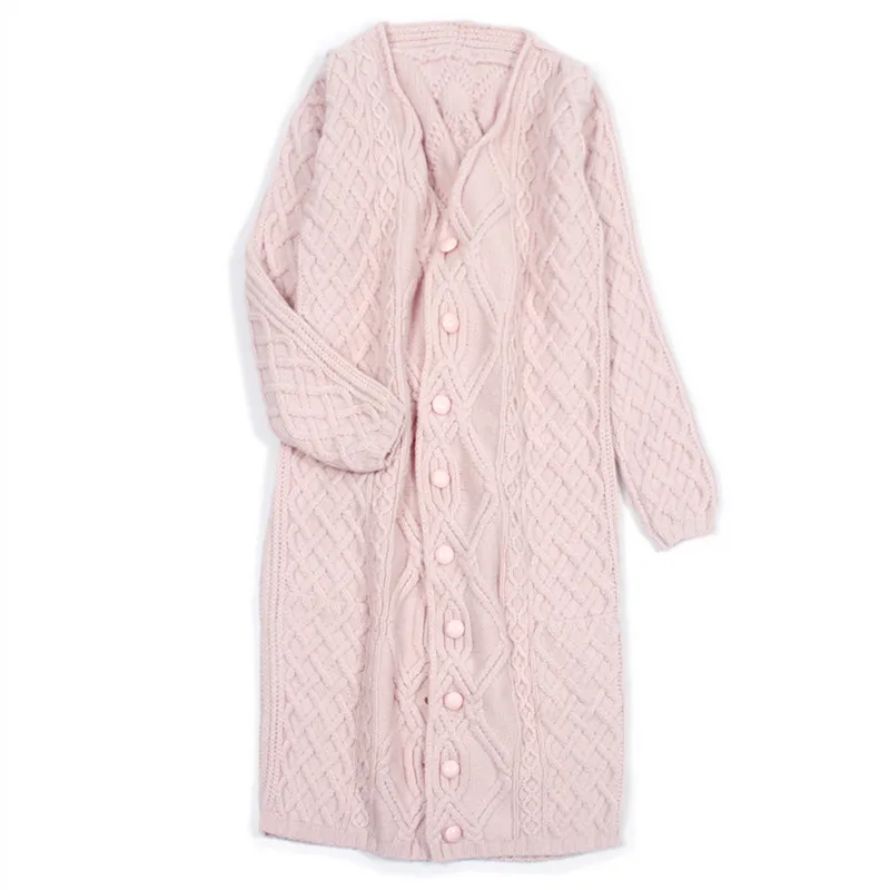  high grade 100% cashmere women fashion hand made long cardigan sweater overcoat pink S/155-XL/170 w