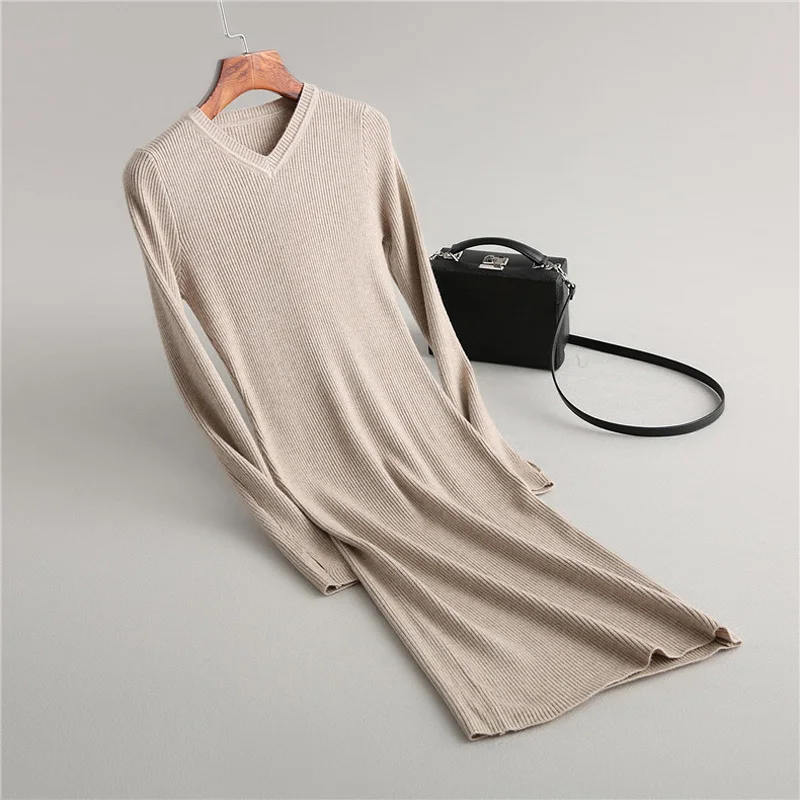 

Fall 2018 Women solid color dress casual V-neck long-sleeved knit dress Slim