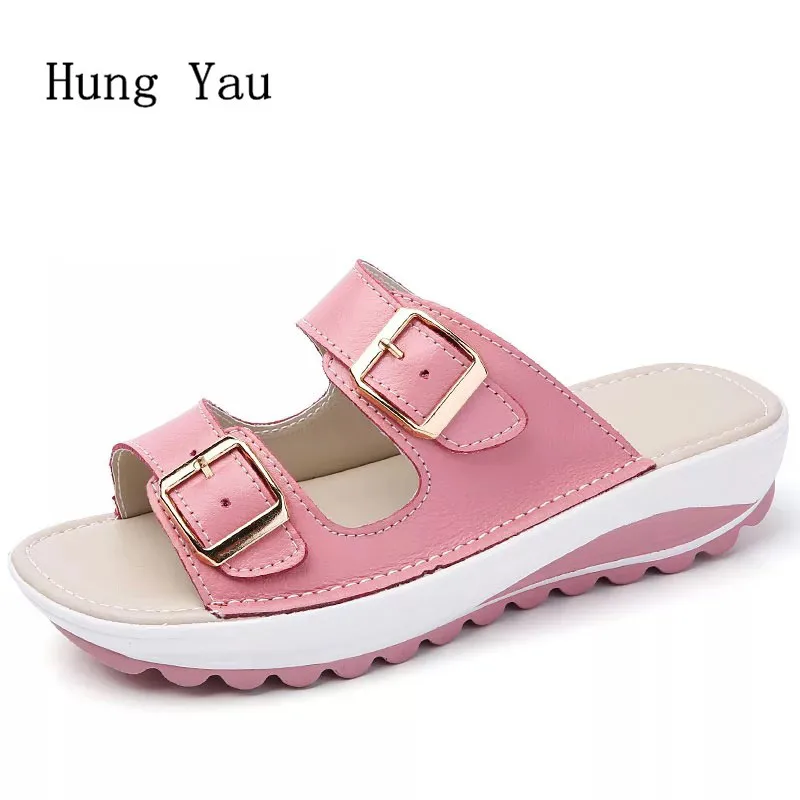 melhor Sandálias das mulheres 2018 Verão Genuína Sapatos de Couro Mulher Flip Flops Wedges Não slip Escorregas Senhoras Sapatos Plataforma de Moda Feminina