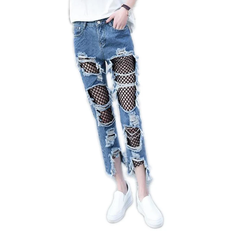 Boyfriend hole ripped jeans women grid pants Cool denim