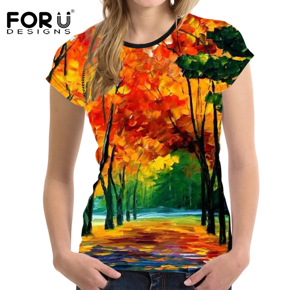 Murah Forudesigns Oil Painting Pohon Cetakan WANITA T Shirt Wanita Kasual Lengan Pendek Kemeja Graffti WANITA T Shirt Ukuran S XXL Tee top