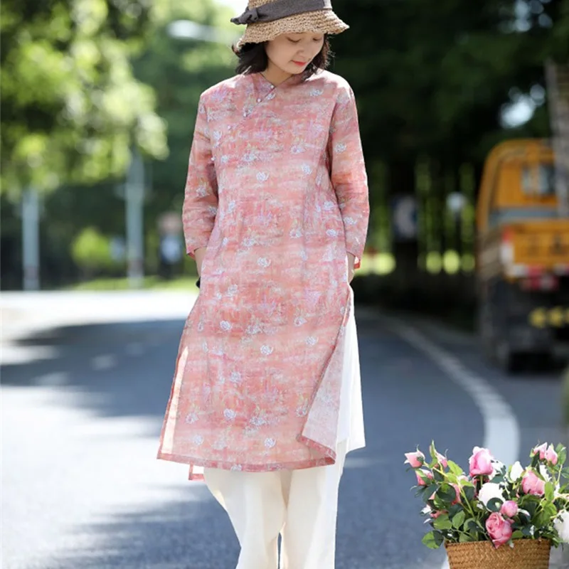 

SCUWLINEN 2019 Women Vintage Spring Summer Dress Zen V-neck Jade Button Elegant Print Side Slit Loose Ramie Cotton Dresses P022
