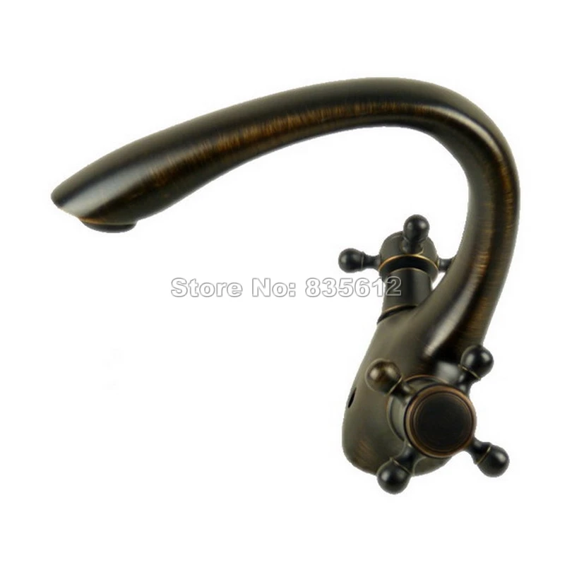 

Bathroom Basin Sink Gooseneck Faucet Black Oil Rubbed Bronze Cross Handles Single Hole Deck Mounted Vessel Sink Mixer Tap Whg023