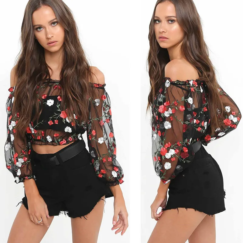 

2019 Sexy Women Summer Short Tanks Tops Long Sleeve Off-Shoulder Sexy Perspective Embroidery Flowers Net Yarn Tops