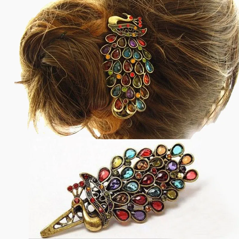 

Simple 1 Pc Women Vintage Charming Colorful Crystal Peacock Hair Pin Hair Clip Jewelry Gift