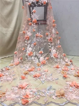

Amazing peach with 3D flower French tulle net lace fabric for evening dress PDN32(5yards/lot)