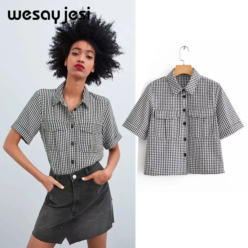 

2019 womens tops and blouses england style black white plaid blouse short sleeve turtleneck spring women tops blouse women