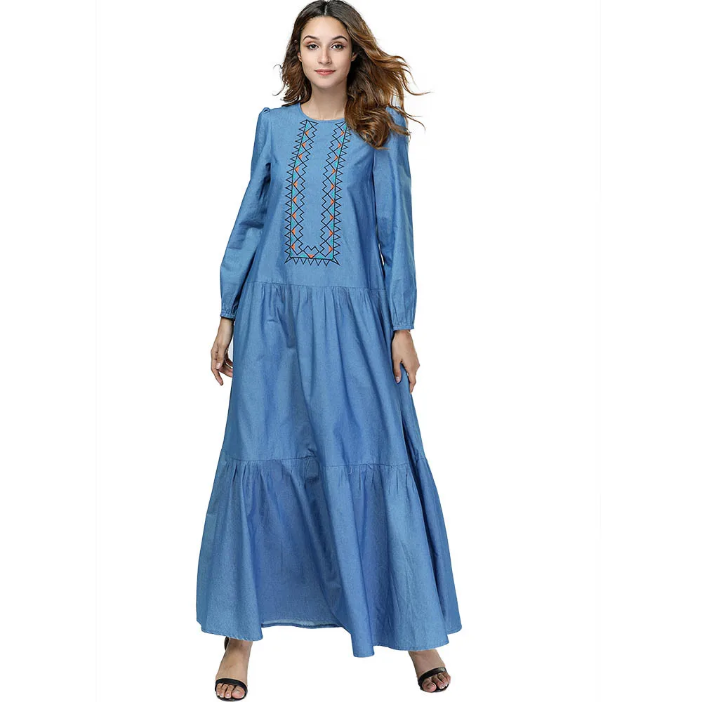 Jeans Dress Women 2019 Flowers Embroidery Long Denim Dresses Arab Robe ...