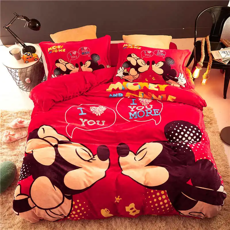 Red Flannel Fleece Mickey Minnie Mouse Comforter Bedding Sets