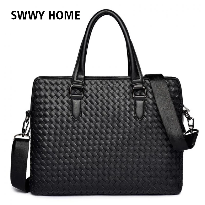 

Retro Weaving Messenger Bag Men's Leather Shoulder Bag Male Briefcases 14 inch Laptop Crossbody bags For Men Handbags sac a main