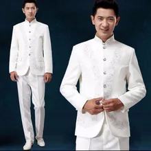 Куртка+ брюки костюм в китайском стиле Жених формальное платье мужской воротник-стойка с вышивкой смокинг хор представление певица костюмы