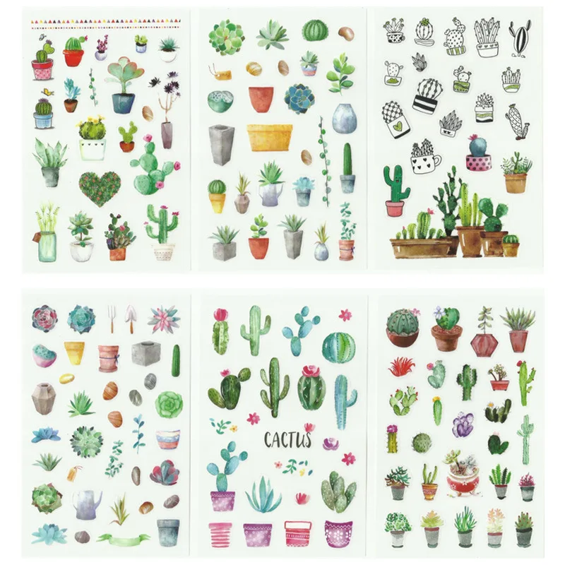 Y11 6 Sheets Fresh Green Cactus Love Adhesive Stickers Decorative Album Diary Stick Label Hand Account Decor Stationery