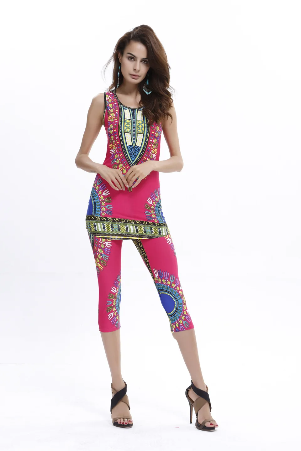 1 Sets women's street fashion ice silk large size geometric totem print vest & pants casual set clothing