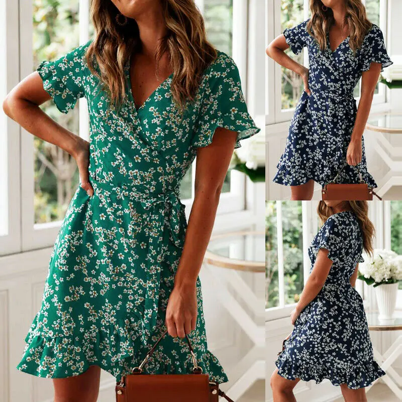 

Hirgin Women Wrap Boho Floral Short Mini Dress Evening Party Beach Summer Sundress