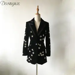 2019 европейский и американский стиль темперамент, черный бархат, длинное женское пальто, пчела, Шипованная бисером, рубашка, костюм