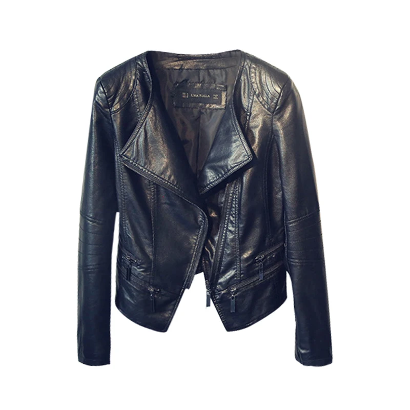 2019 Balck Faux Leather Jacket For Women O Neck Long Sleeve Zipper Washable Leather Jackets Female Biker Motorcycle Jacket Woman