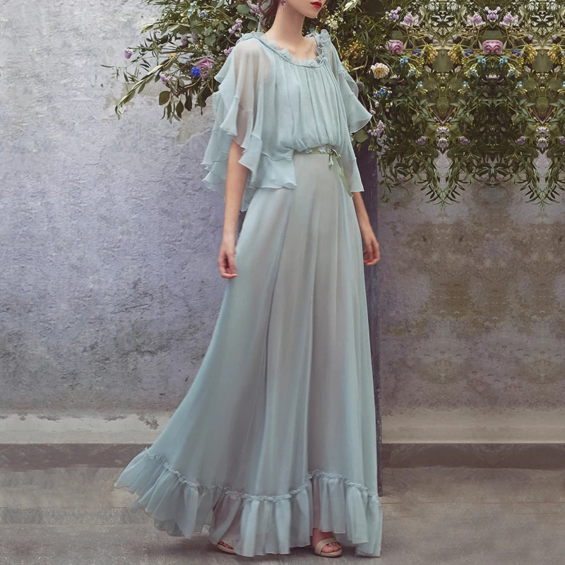 

Runway Dress Luxury Designer 2019 Women High Quality Spring Summer Ladies Chiffon Ruffle Elegant Maxi Long Loose Dress Wedding