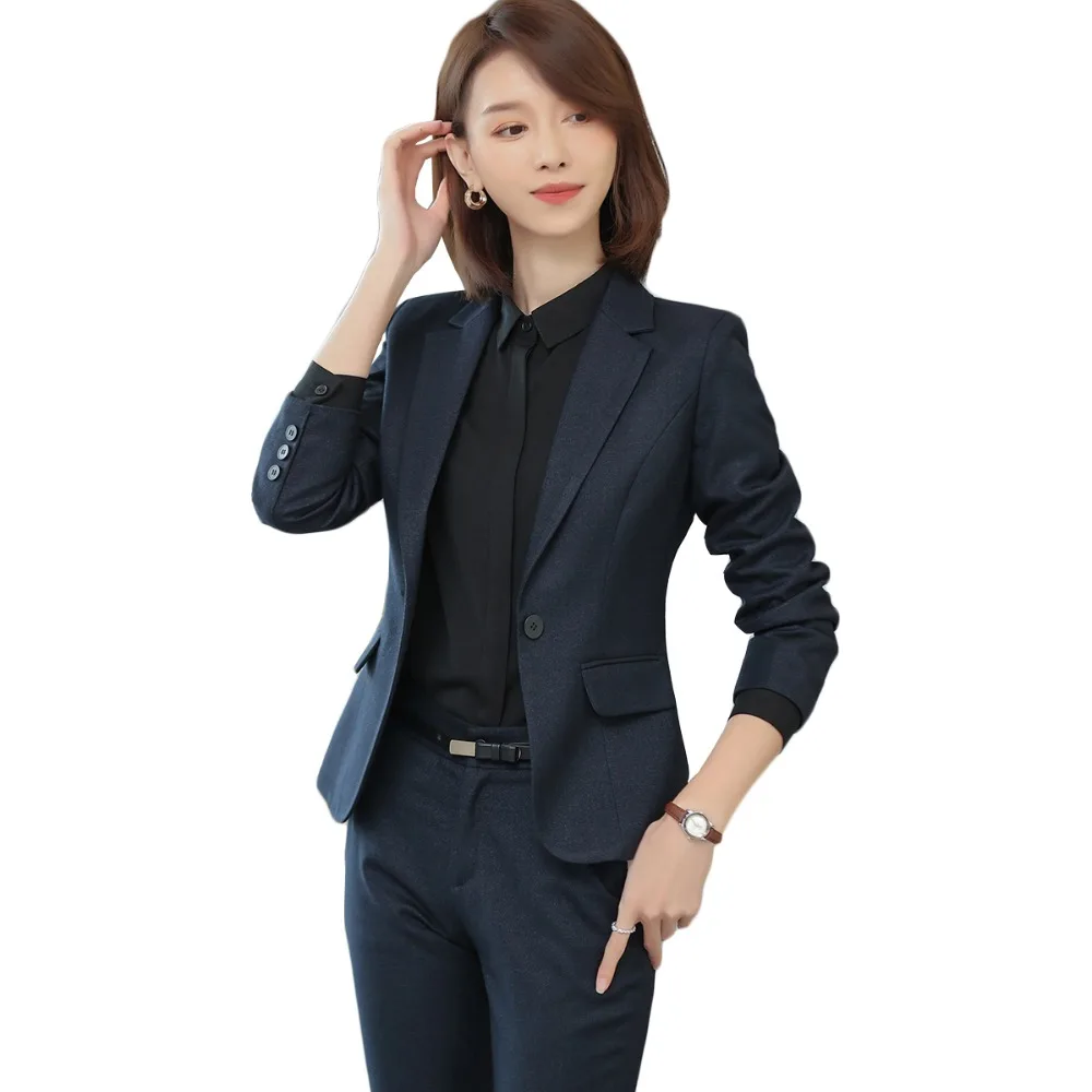 

2018 New high quality women SINGLE BUTTON pant suits elegant OL office lady work wear luxury business suit black dark blue