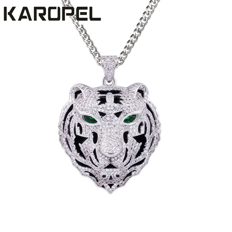 

Karopel Hip Hop Bling Iced Out 24" Stainless Steel Chain Micro Pave Cz Tiger Head Pendant Necklace