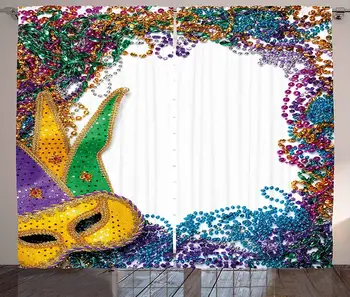 

Mardi Gras Curtains Colorful Framework Design with Vibrant Beads and Mask Fat Tuesday Holiday Theme Living Room Bedroom Window
