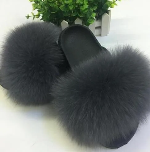 

25 colors Fox Hair Slippers Women Fur Home Fluffy Sliders Plush Furry Summer Flats Sweet Ladies Shoes Size 45 Cute Pantufas