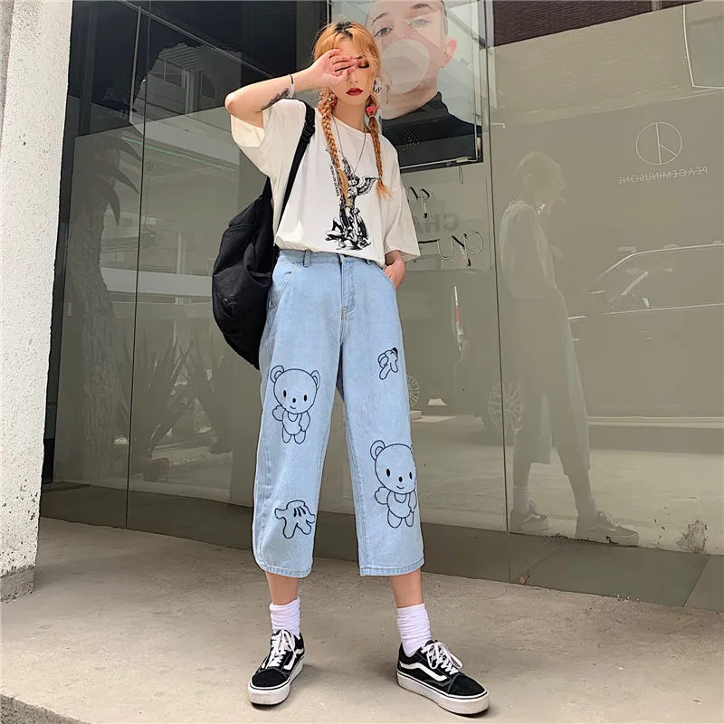 

Ins Summer Jeans Women 2019 New Harajuku Style Cute Bear Embroidered Jeans Loose Retro Cartoon Denim Cropped Trousers Female