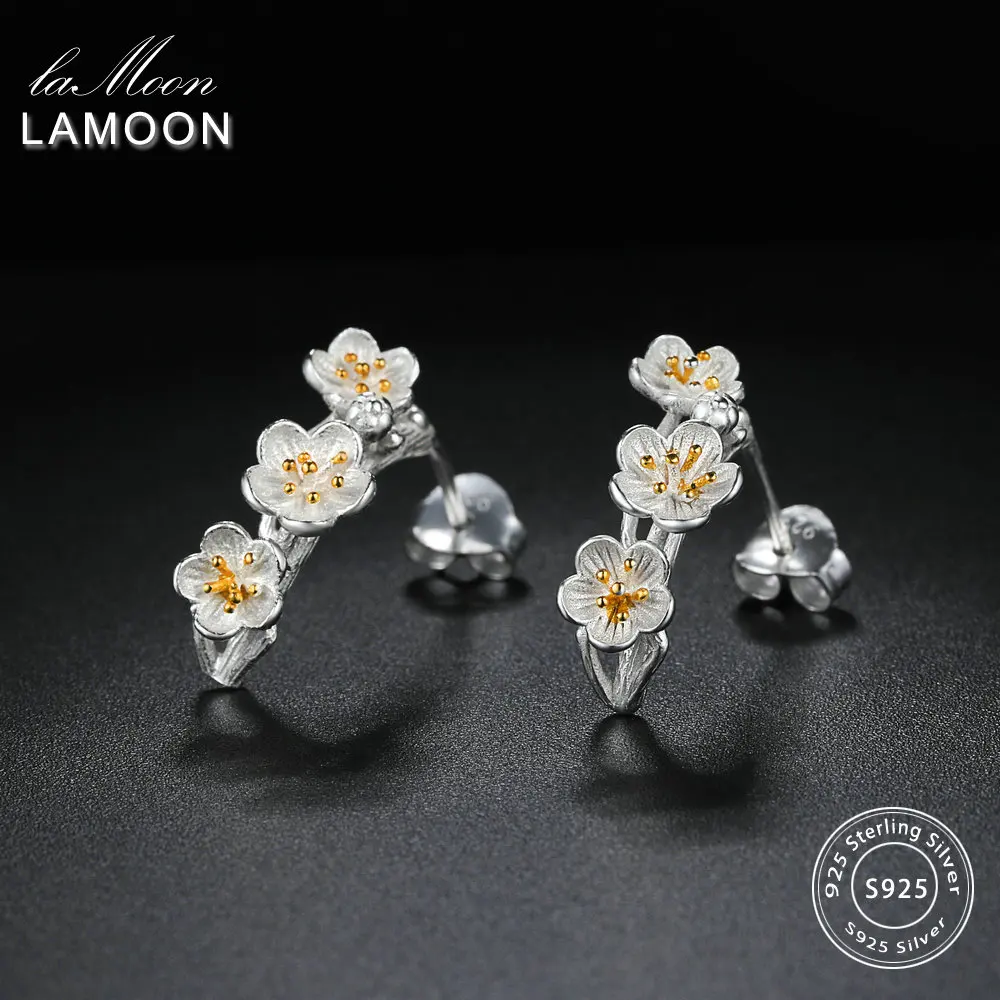LAMOON Pure 925 Silver Stud Earrings For Women 2 Colors Flower Fine Jewelry Silver & Yellow Romantic Cute Girl Gift EY242
