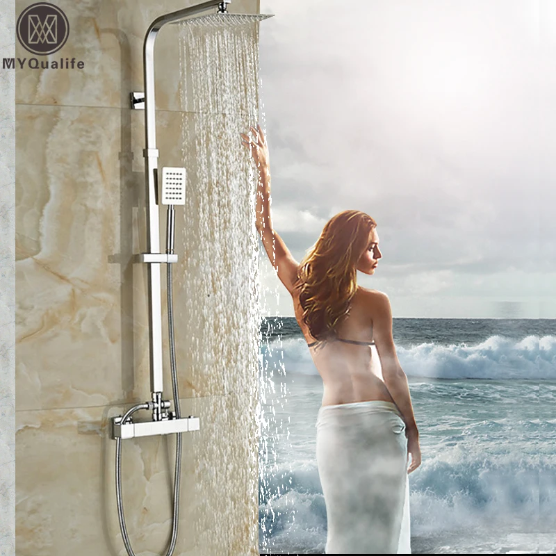 

Luxury 8" Rainfall Shower Set Thermostatic Dual Handle Mixer Valve Bathroom Shower Mixers Stainless Steel Shower head handshower