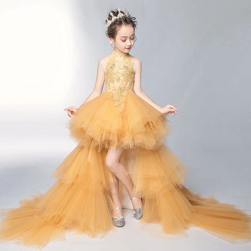 Luxury Beading Holy Communion Dress Detachable Long Trailing Princess Kid Pageant Dress Lace Up Stand Collar Flower Girl Dresses 100%real luxury light grey flower leaf embroidery slash collar ruffled long medieval dress victorian cosplay seashore photoshoot