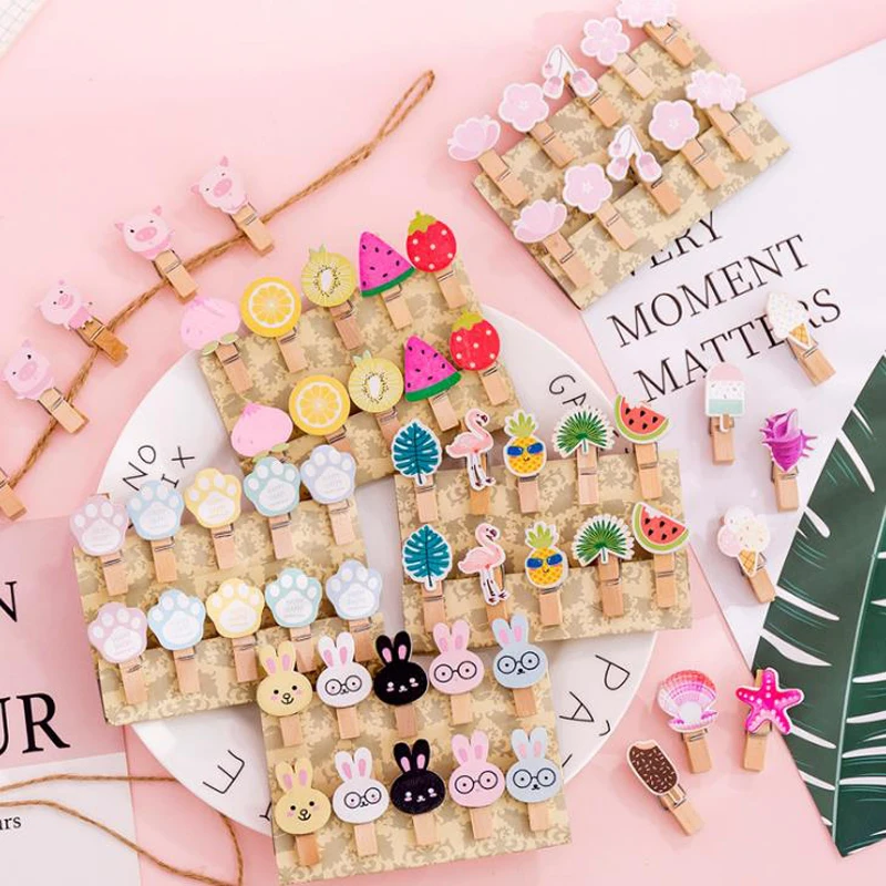 

10 Pcs/pack Cute Sakura Flamingo Pig Shell Fruit Mini Wooden Message Photo Paper Clips Bookmark For Album With Rope Stationery