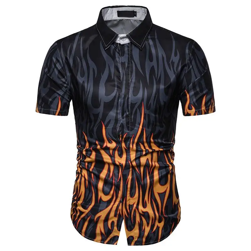 

Casual Shirt for Men clothing Flame pattern Slim fit Short Sleeve Summer Blouse Man Social Shirt Summer