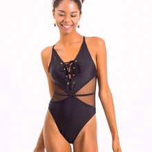 Сексуальный сетчатый купальник женский на шнуровке Цельный купальник с высоким вырезом женские купальные костюмы кросс-ремень Боди Пляжная одежда черный