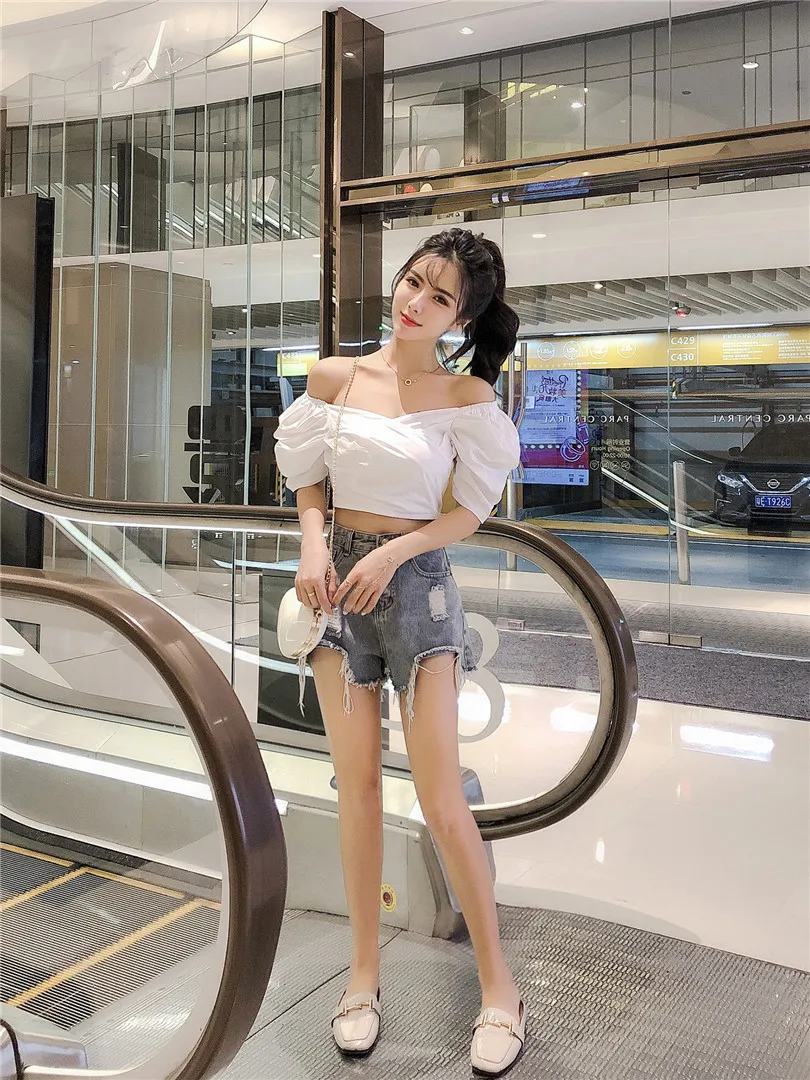 RUGOD, модные топы с открытыми плечами и пышными рукавами, летние популярные женские топы и блузки, повседневные рубашки в Корейском стиле с v-образным вырезом