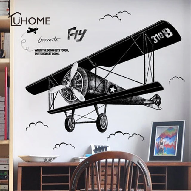 1x Black Color Large Airplane Wall Stickers for Kids Room Decor DIY