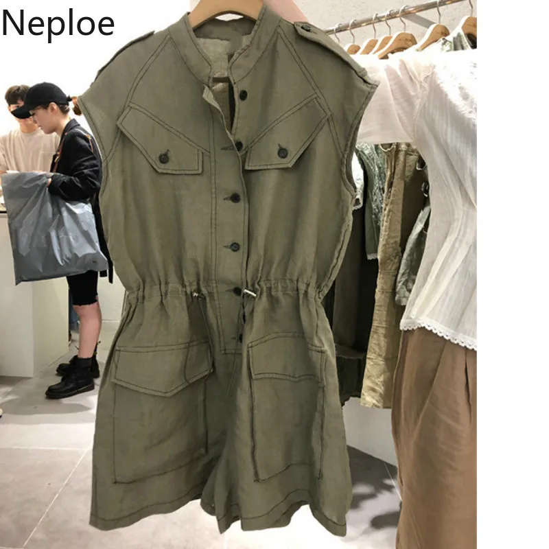 

Neploe Drawstring Women Jumpsuits Summer 2019 New Stand Collar Sleeveless Playsuits Single Breasted Bodysuits 44928