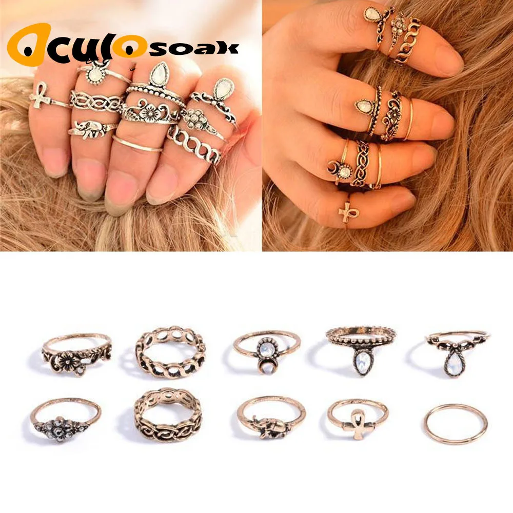 

10pcs/Set Bohemia Flower Crystal Rings Set Gold Silver Knuckle Finger Midi Rings for Women Party Jewelry Gift