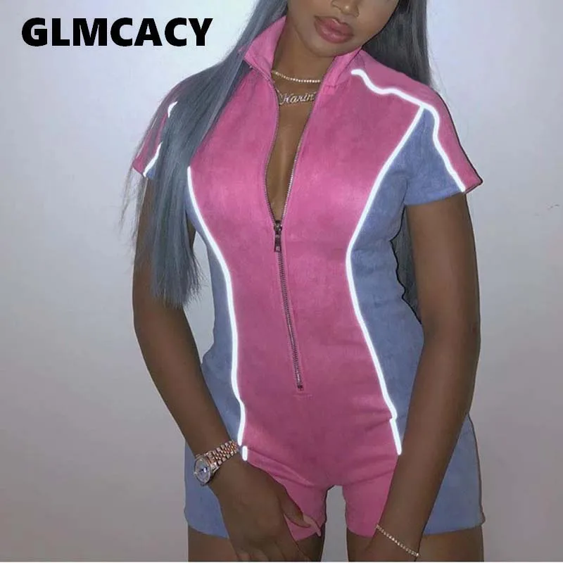 

Women Casual Streetwear Zip Up Playsuit Short Sleeve V Neck Bodycon Rompers Sexy Party Clubwear Summer Chic Rompers