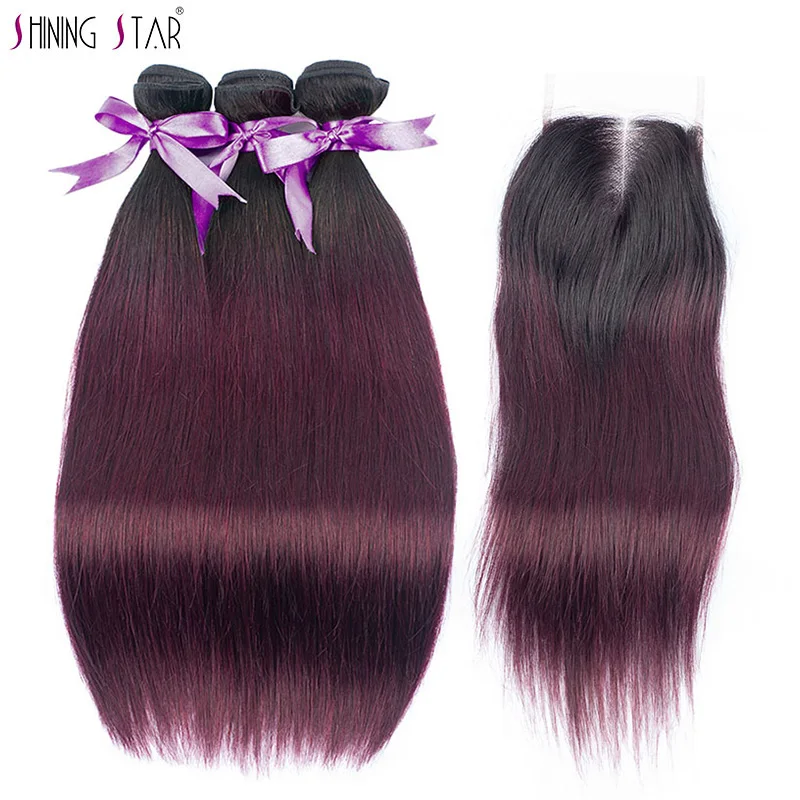 3 Brazilian Straight Hair Ombre Bundle With Closure Colored 1B Burgundy Bundle With Closure Human Hair Weave NonRemy ShiningStar