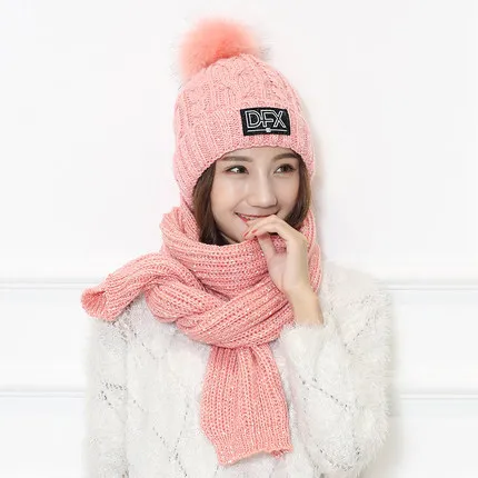 Immitation шерстяная шапка женская зимняя вязаная шапка для холодной погоды теплая шапка шарф костюм ветрозащитная Лыжная вязаная шапка набор воротников wao шт - Цвет: pink set