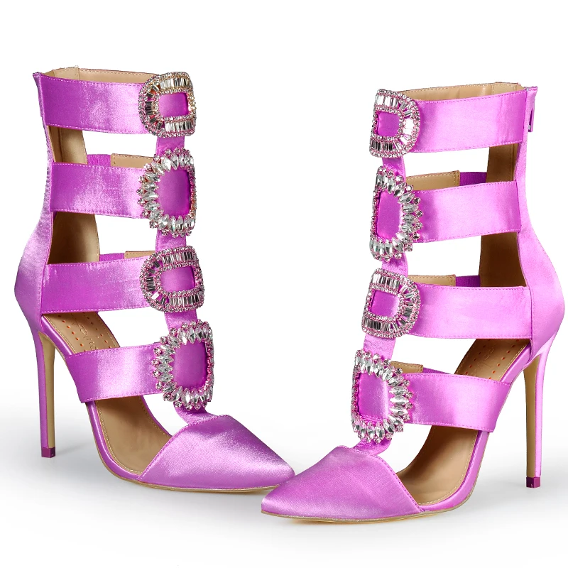 Обувь с розовыми пальмами; сезон лето-осень-зима; женские босоножки на высоком каблуке с острым носком; украшенные кристаллами ботильоны; Свадебная обувь; пикантные женские босоножки