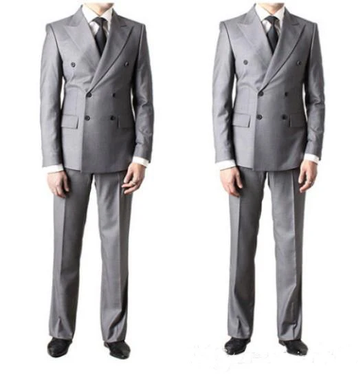 1.2   Double-Breasted Side Vent Light Grey Groom Tuxedos Peak Lapel Groomsmen Mens Wedding Tuxedos Prom Suits (Jacket+Pants)